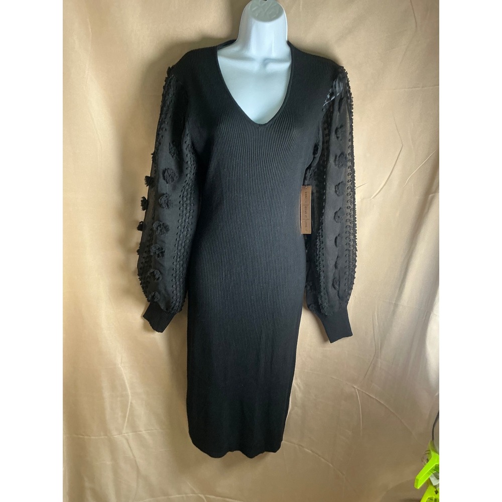 Almost Famous Ribbed Knit Dress Womens XL Black New Sheer 3D Pom Balloon Sleeve